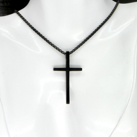 Black Titanium Steel Cross † on Black Stainless Steel Box Chain Necklace - Picture 5 of 8